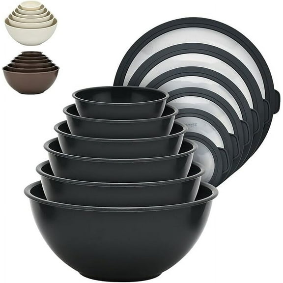 Bakken Master 12 Piece Plastic Nesting Bowls with Lids - Mixing Bowls Set includes 6 Prep Bowls and 6 Lids, BPA-Free, Reusable Meal Prep Containers, Microwave, Freezer & Dishwasher Safe, Gray