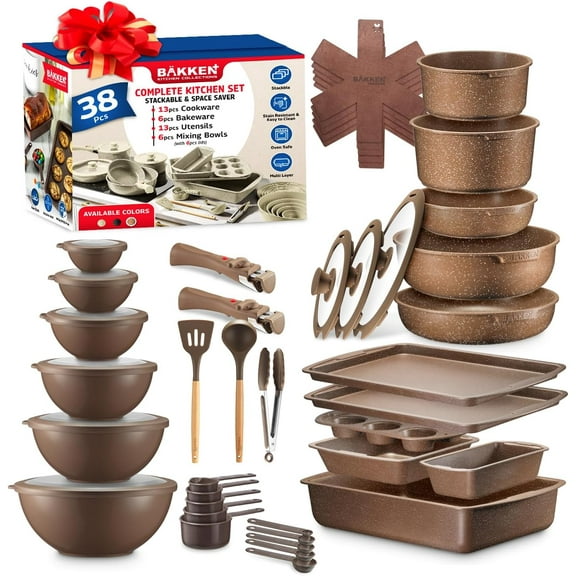 Bakken Master 38 Piece Granite Cookware and Bakeware Set – Nonstick Granite Coating, Pots and Pans with Detachable Handles and Tempered Glass Lids, 6-piece Bakeware set, 12-piece Mixing Bowls,Brown