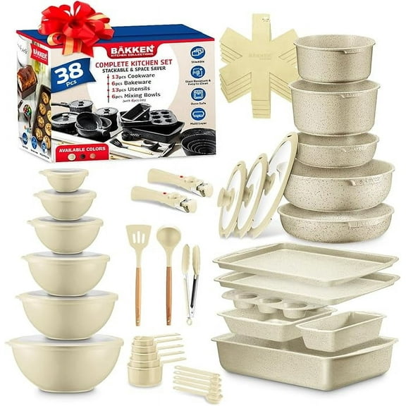 Bakken Master 38 Piece Granite Cookware and Bakeware Set – Nonstick Granite Coating, Pots and Pans with Detachable Handles and Tempered Glass Lids, 6-piece Bakeware set, 12-piece Mixing Bowls, White