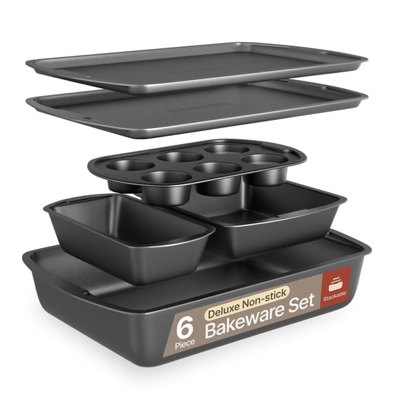 Bakken Non-Stick Bakeware Set 6-Piece, Stackable Carbon Steel Baking Pans for Home & Professional Cooking, Gray
