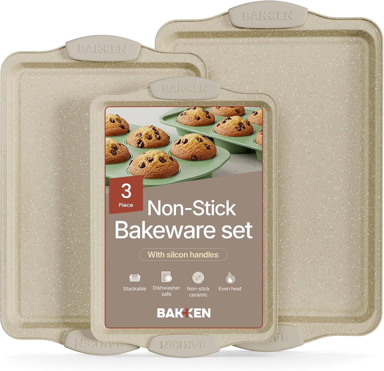 Bakken Nonstick 3-Piece Carbon Steel Baking Pan Set with White Marble Finish, Dishwasher Safe & Stackable