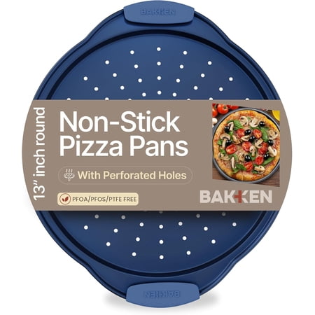 Bakken Pizza Baking Pan - Round Perforated Carbon Steel Pan with Non-Stick Marble Coating, Oversized Silicone Handle, Dishwasher Safe, High-Temperature Resistant, Durable & Easy Cleanup Blue, 1 Pack
