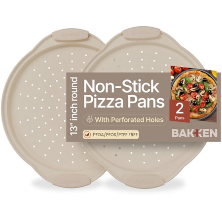 Bakken Pizza Baking Pan - Round Perforated Carbon Steel Pan with Non-Stick Marble Coating, Oversized Silicone Handle, Dishwasher Safe, High-Temperature Resistant, Durable & Easy Cleanup White, 2 Pack