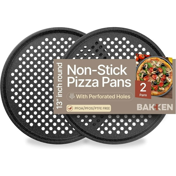 Bakken Pizza Baking Pan - Round Perforated Carbon Steel Pan with Non-Stick Marble Coating, Oversized Silicone Handle, Dishwasher Safe, High-Temperature Resistant, Durable & Easy Cleanup Gray, 2 Pack