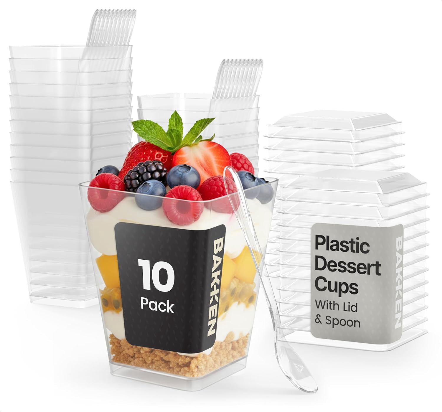 Bakken Plastic Dessert Cups with Lids & Spoons (10 Pack) – Spill-Resistant, Heavy-Duty Parfait & Appetizer Cups for Parties, Catering & Events.