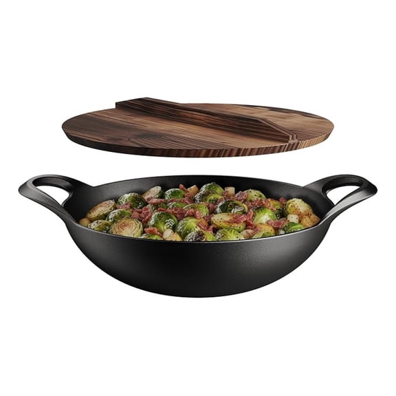Bakken Pre-Seasoned Cast Iron Wok with Wooden Lid, 14" Stir Fry Pan for Gas, Electric, Induction & Open Fir, Heavy-Duty Flat Bottom Wok with Dual Handles for Even Heating & High-Heat Cooking, 8.8 lbs