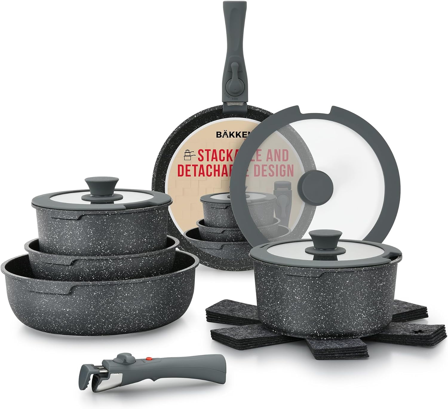Bakken 15-Piece Black Granite Non-Stick Cookware Set with Detachable Handles