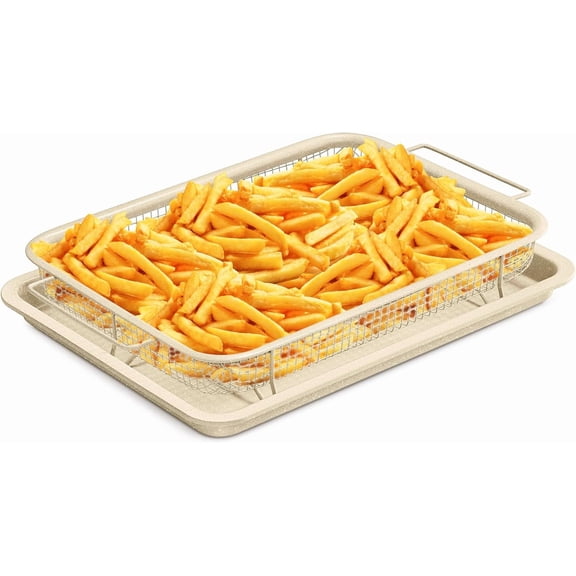 Bakken Swiss 2-Piece Crisper Tray Set White Marble Non-Stick Basket for Healthier Cooking in Regular Ovens Perfect for Crispy Chips, Bacon, and More