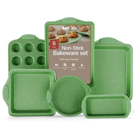 Bakken- Swiss 6-Piece Kitchen Baking Pan Set – Nonstick Green Marble Coating with Green Silicone Handles – Carbon Steel Oven-Safe Bakeware, Up to 450°F