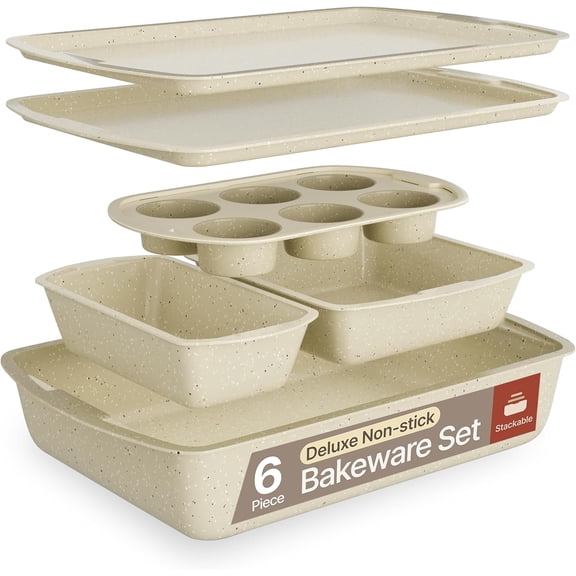 Bakken Swiss - Bakeware Set 6 Piece Stackable, Deluxe, Non-Stick Baking Pans for Professional and Home Cooking Carbon Steel, White Stone Coating