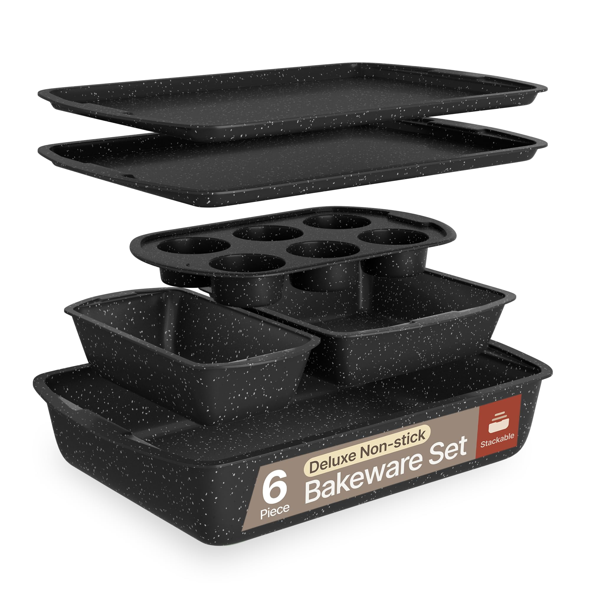Bakken- Swiss Kitchen Baking Pan Set - Nonstick Gray Marble Coating, Commercial Grade Carbon Steel, Baking Kitchen Essentials, Oven Safe Tray (Up To 450° F), Set of 6