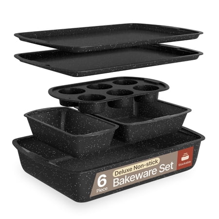 Bakken- Swiss Kitchen Baking Pan Set - Nonstick Gray Marble Coating, Commercial Grade Carbon Steel, Baking Kitchen Essentials, Oven Safe Tray (Up To 450° F), Set of 6