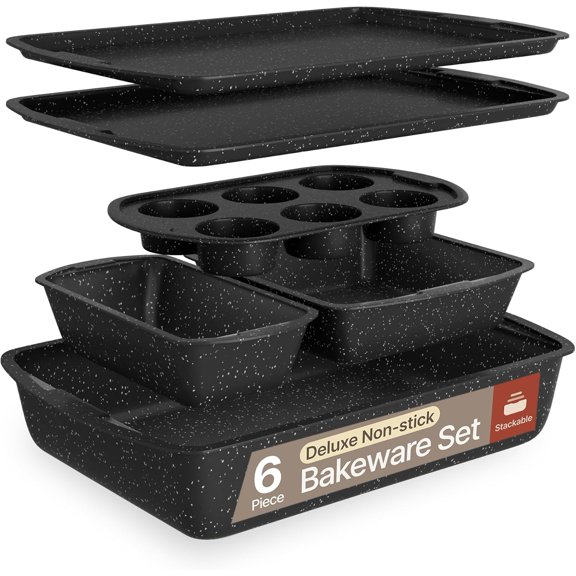 Bakken Swiss - Bakeware Set – 6 Piece – Stackable, Deluxe, Non-Stick Baking Pans for Professional and Home Cooking – Carbon Steel, Gray Stone Coating