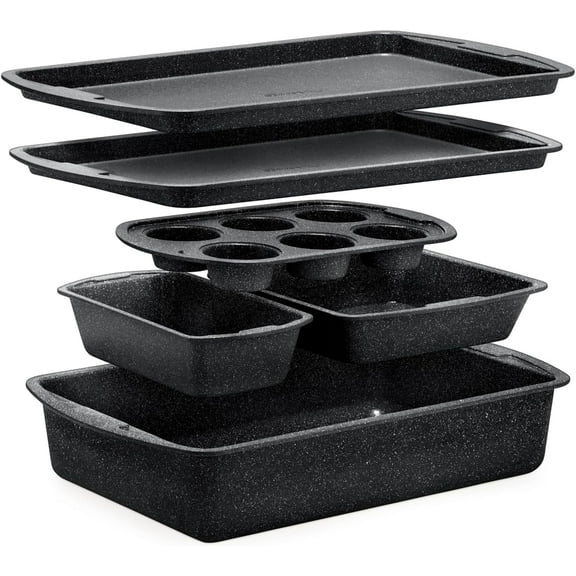 Bakken- Swiss Kitchen Baking Pan Set - Nonstick Gray Marble Coating, Commercial Grade Carbon Steel, Baking Kitchen Essentials, Oven Safe Tray (Up To 450° F), Set of 6