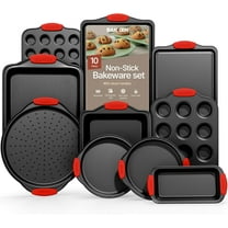Bakken- Swiss Baking Set – 10 Piece Kitchen Oven Bakeware Set – Deluxe Non-Stick Blue Coating Inside and Outside – Carbon Steel – Red Silicone Handles