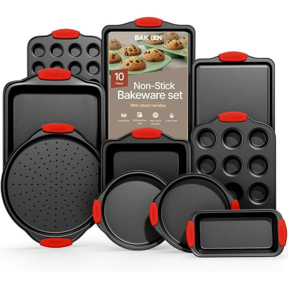 Bakken- Swiss Baking Set – 10 Piece Kitchen Oven Bakeware Set – Deluxe Non-Stick Blue Coating Inside and Outside – Carbon Steel – Red Silicone Handles