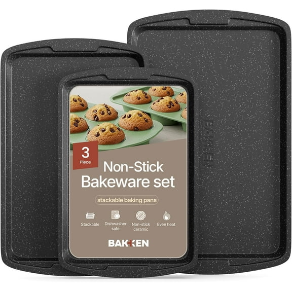 Bakken- Swiss Kitchen Baking Pan Set - Nonstick Coating, Commercial Grade Carbon Steel, Baking Kitchen Essentials, Oven Safe Tray (up to 450° F), Set of 3, Gray Marble