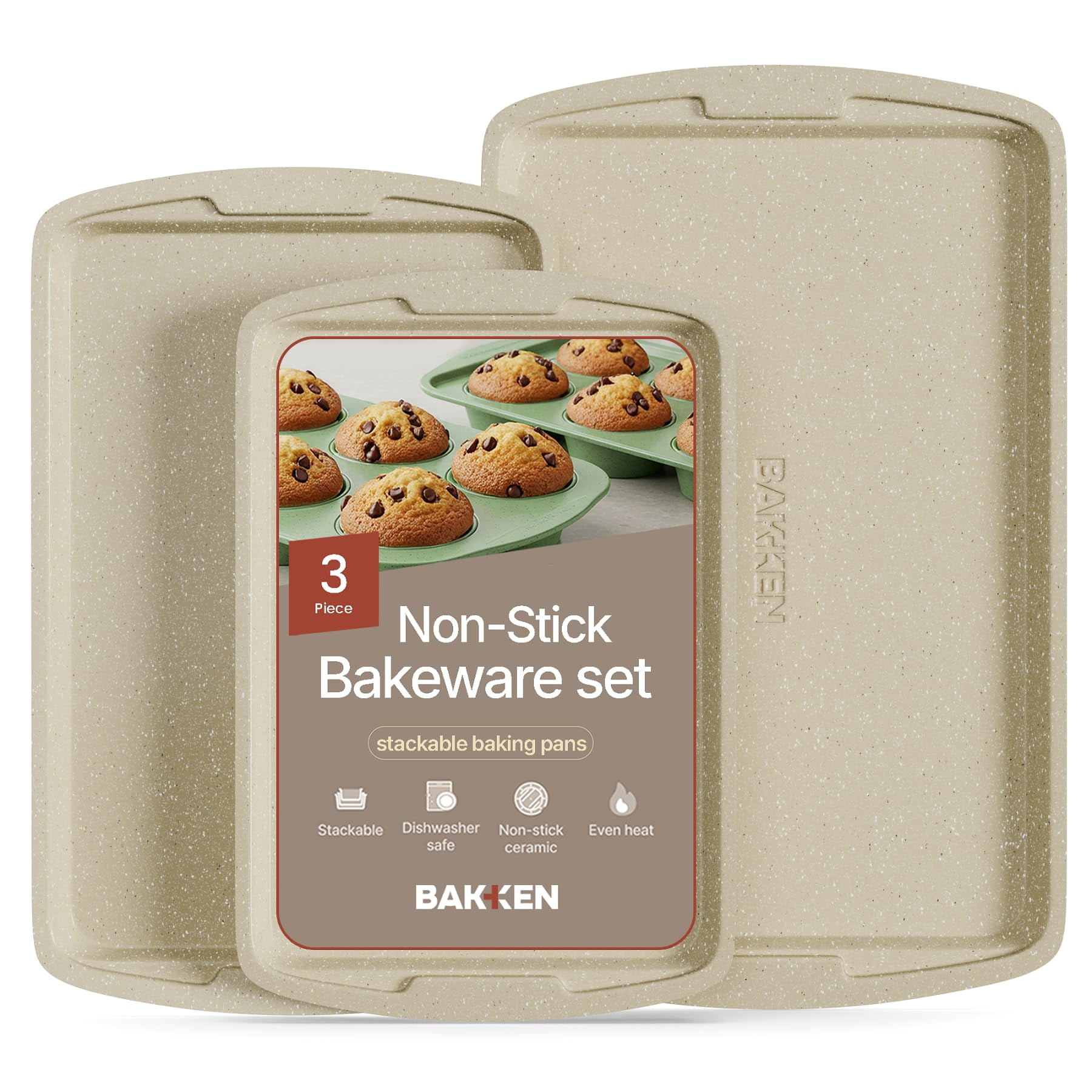 Bakken- Swiss Kitchen Baking Pan Set - Nonstick Coating, Commercial Grade Carbon Steel, Baking Kitchen Essentials, Oven Safe Tray (up to 450° F), Set of 3, White Marble