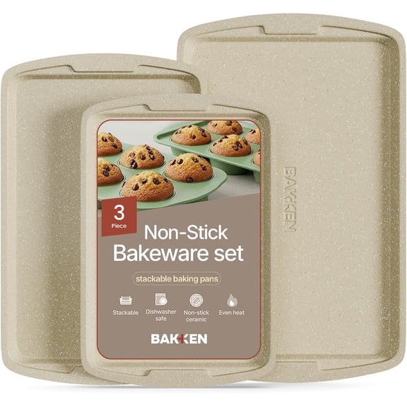 Bakken Swiss Cookie Sheet 3 Piece Set - Non-Stick, Stackable Baking Pans, White marble Deluxe Ceramic Coating Dishwasher Safe - for Home Baking