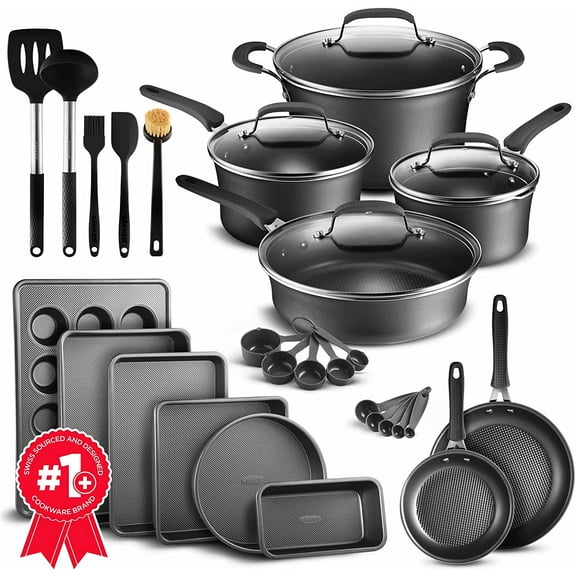 Bakken Swiss Cookware Set – 23 Piece –Black Multi-Sized Cooking Pots with Lids, Skillet Fry Pans and Bakeware