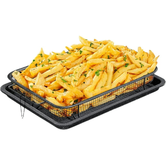 Bakken Swiss Crisper Tray - 2-Piece Set – Gray Marble, Non-Stick Basket Design for Healthier Cooking in Regular Ovens - Achieve Perfectly Crispy Chips, Bacon and More