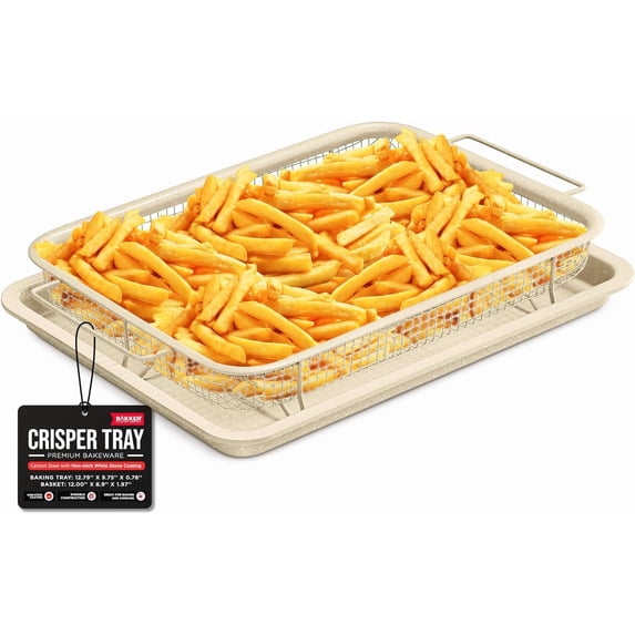 Bakken Swiss Crisper Tray - 2-Piece Set – White Marble, Non-Stick Basket Design for Healthier Cooking in Regular Ovens - Achieve Perfectly Crispy Chips, Bacon and More