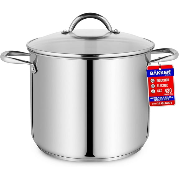 Bakken- Swiss 14-Quart Stainless Steel Stockpot with Glass Lid – Heavy-Duty, Induction Compatible, Dishwasher Safe & Easy Cleaning