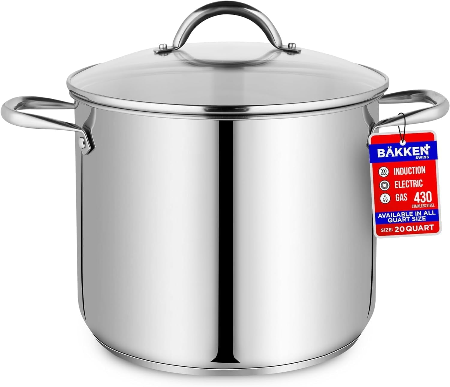Bakken- Swiss 20-Quart Stainless Steel Stockpot with Glass Lid –Heavy-Duty, Induction Compatible, Easy Cleaning & Dishwasher Safe