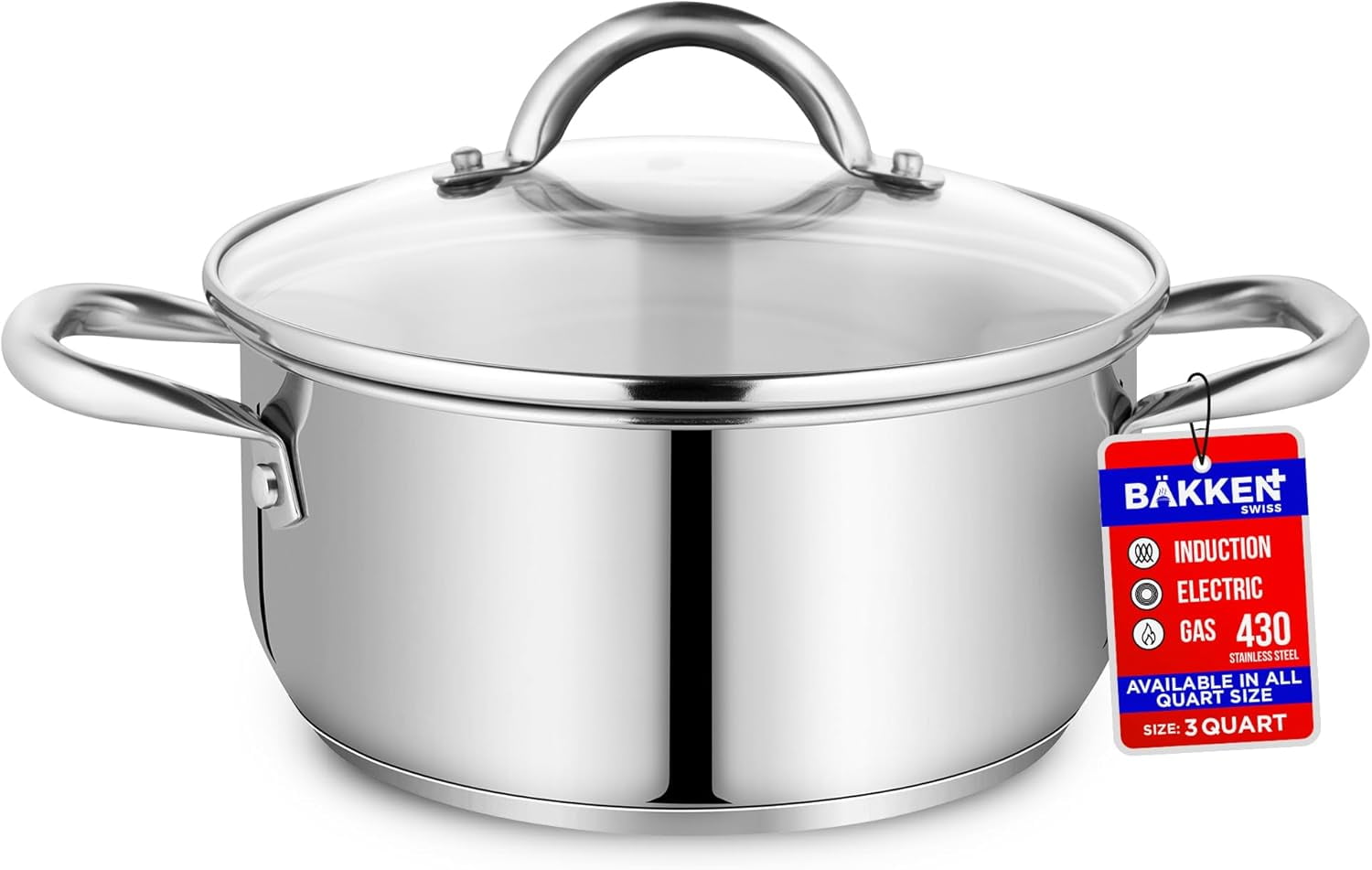 Bakken-Swiss Deluxe 3-Quart Stainless Steel Stockpot with Glass Lid, Dishwasher Safe, Induction Ready
