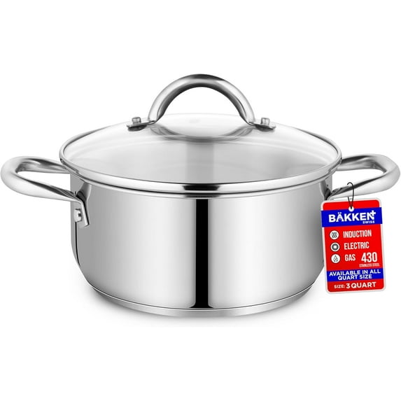 Bakken-Swiss Deluxe 3-Quart Stainless Steel Stockpot with Glass Lid, Dishwasher Safe, Induction Ready