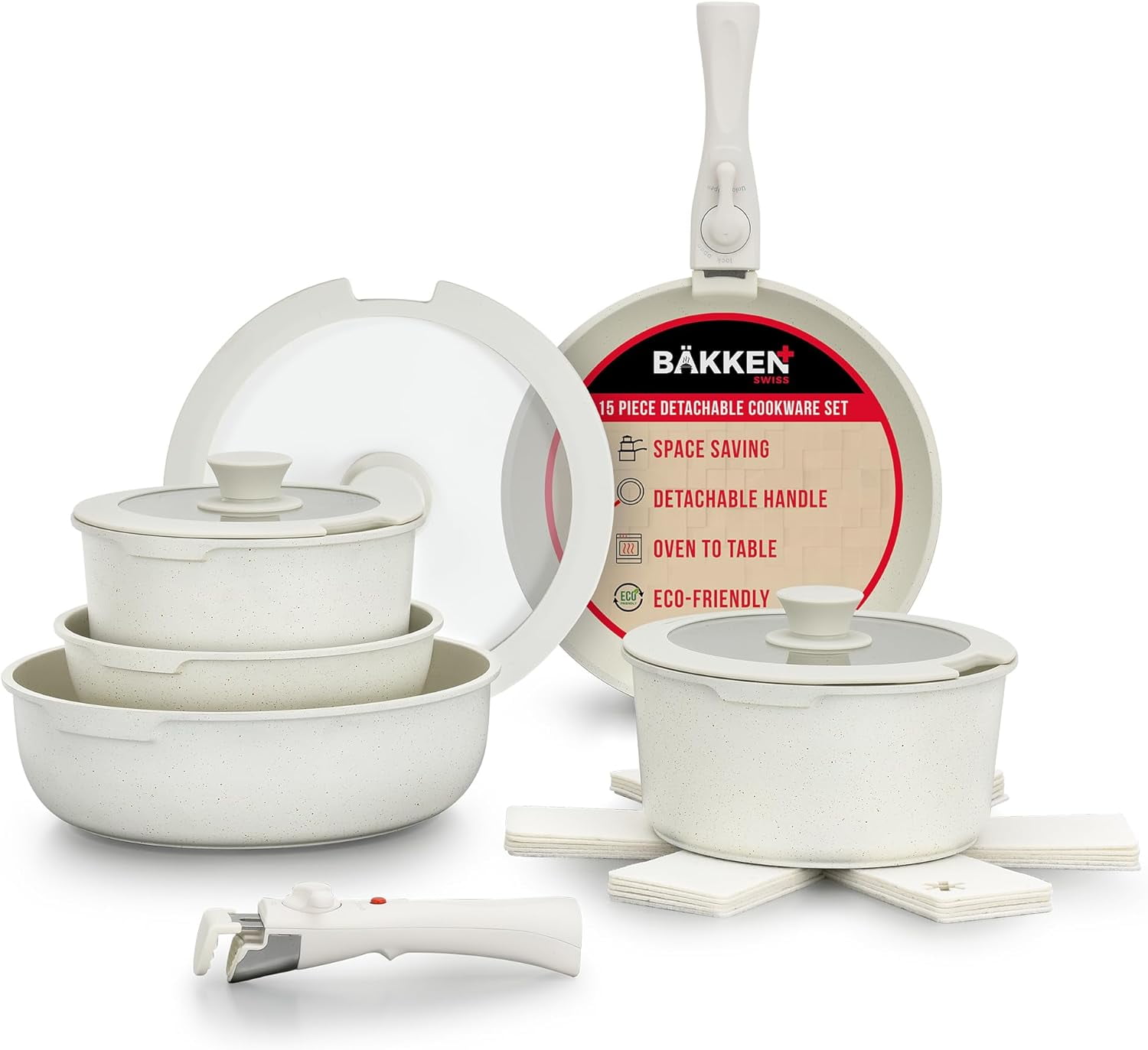 Cream 15-Piece Non-Stick Carbon Steel Cookware Set with Detachable Handles