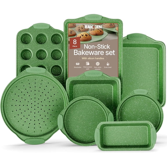Bakken- Swiss Kitchen Baking Pan Set - Nonstick Green Marble Coating, Carbon Steel Bakeware Sets with Green Silicone Handles, Kitchen Essentials, Oven Safe