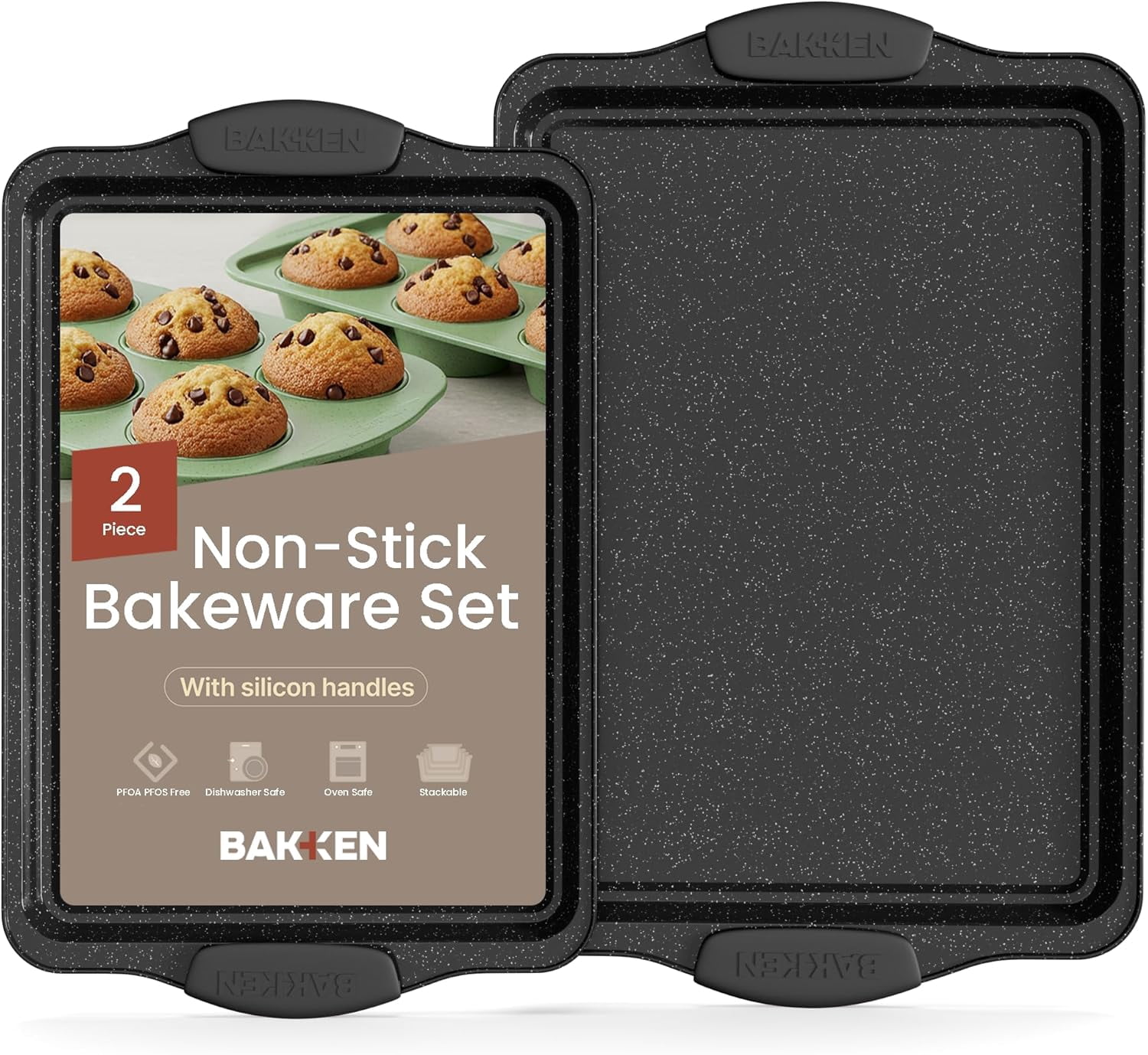 Bakken- Swiss Kitchen Baking Pans - Medium (15.15 × 10.03") and Large (17.1 x 11.8") Nonstick Sheets, Carbon Steel Cookie Sheets with Gray Silicone Handles Oven Safe (450°F), Set of 2