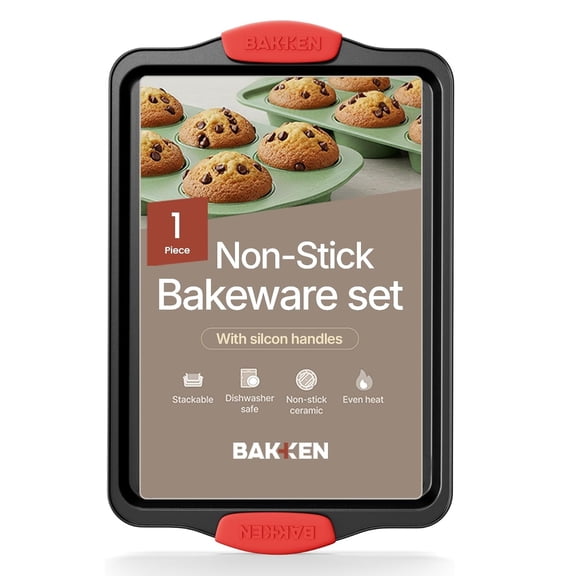 Bakken- Swiss Nonstick Baking Sheet - 15.15 x 10.03" Carbon Steel Cookie Tray with Silicone Handles, Oven Safe to 450°F, Durable & Non-Toxic, Set of 1