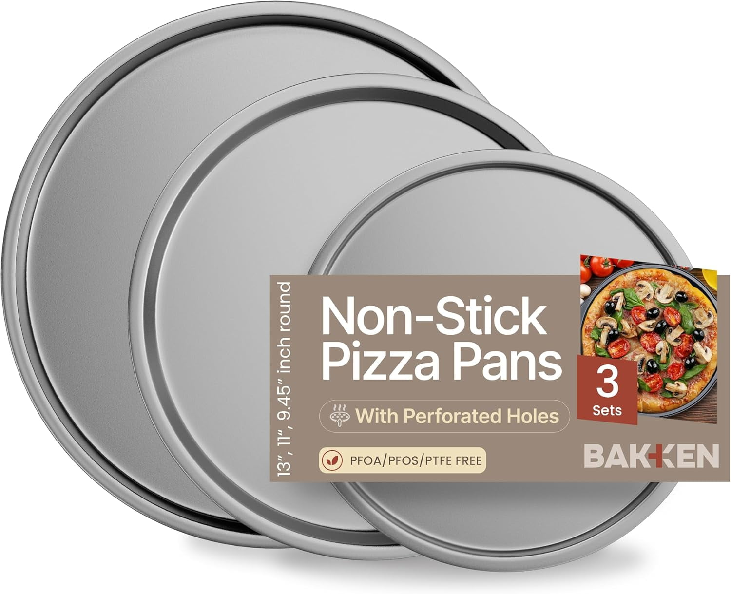 Bakken-Swiss 3-Piece Non-Stick Pizza Pan Set – Carbon Steel Baking Trays (9.45", 11.02", 12.99") – Dishwasher Safe, Blue Ceramic Finish