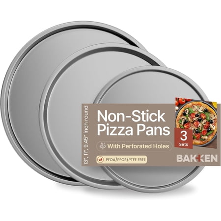 Bakken-Swiss 3-Piece Non-Stick Pizza Pan Set – Carbon Steel Baking Trays (9.45", 11.02", 12.99") – Dishwasher Safe, Blue Ceramic Finish
