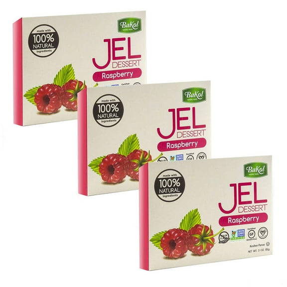 Bakol Jel Dessert - All Natural Vegan Dessert Mix - Kosher - Halal - No Artificial Sweeteners Flavors or Colors Raspberry Flavor (PACK OF 3)