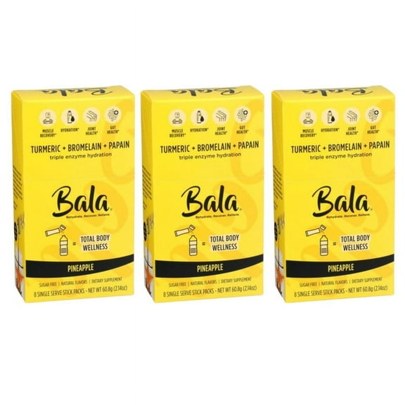 Bala Triple Enzyme Hydration Total Body Wellness Drink Mix Sticks, Pineapple, 8 Ea, 3 Pack
