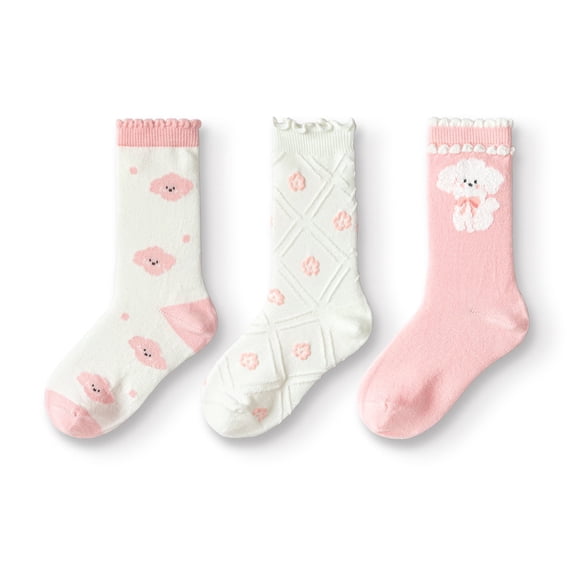 Balabala Girls Ruffle Crew Socks, 3-Pack Mixed Fabric Socks, Seamless Cute Kids Socks for Everyday Wear (3–11 Years)