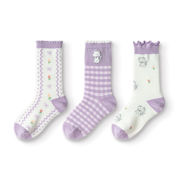 Balabala Girls Ruffle Crew Socks, 3-Pack Mixed Fabric Socks, Seamless Cute Kids Socks for Everyday Wear (3–11 Years)