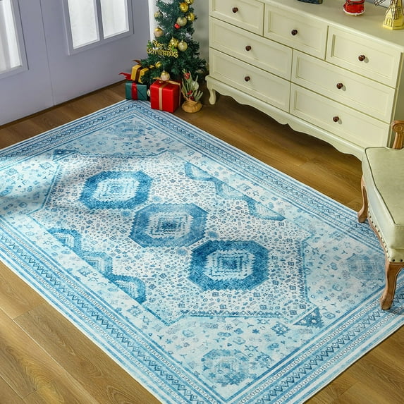 Balacho Boho Vintage Oriental Faux Wool Area Rug, 6' x 9', Blue