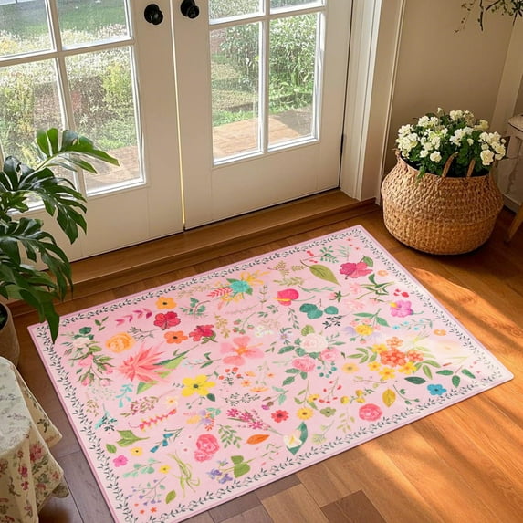 Balacho Cozy Bohemian Style Floral Design Faux Wool Area Rug, 2' x 3', Pink