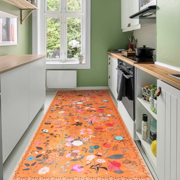 Balacho Cozy Bohemian Style Floral Design Faux Wool Area Rug, 2' x 6', Orange