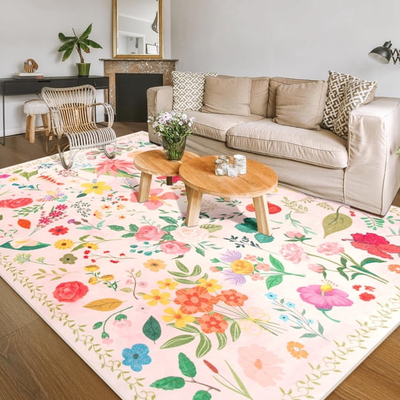 Balacho Cozy Bohemian Style Floral Design Faux Wool Area Rug, 6' x 9', Beige