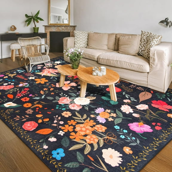 Balacho Cozy Bohemian Style Floral Design Faux Wool Area Rug, 6' x 9', Black