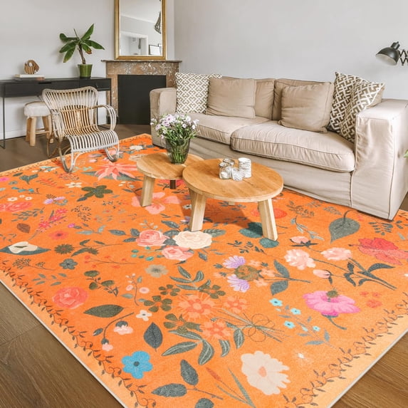 Balacho Cozy Bohemian Style Floral Design Faux Wool Area Rug, 9' x 12', Orange