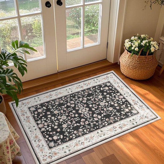 Balacho Farmhouse Floral Bohemian Faux Wool Area Rug,2' x 3', Black