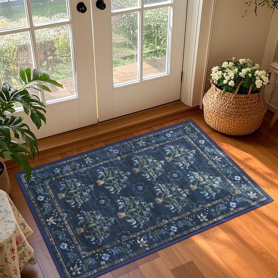 Balacho Farmhouse Floral Bohemian Faux Wool Area Rug, 2' x 3', Dark Blue