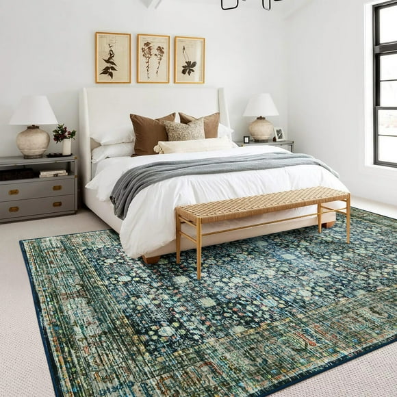 Balacho Farmhouse Floral Bohemian Faux Wool Area Rug, 4' x 6', Blue