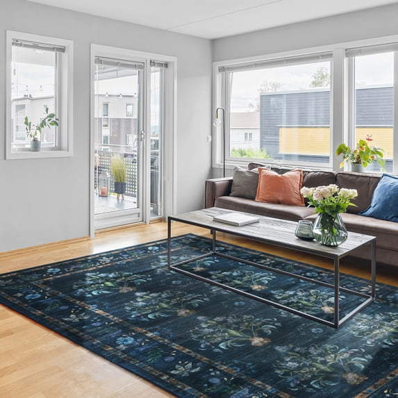 Balacho Farmhouse Floral Bohemian Faux Wool Area Rug, 6' x 9', Dark Blue